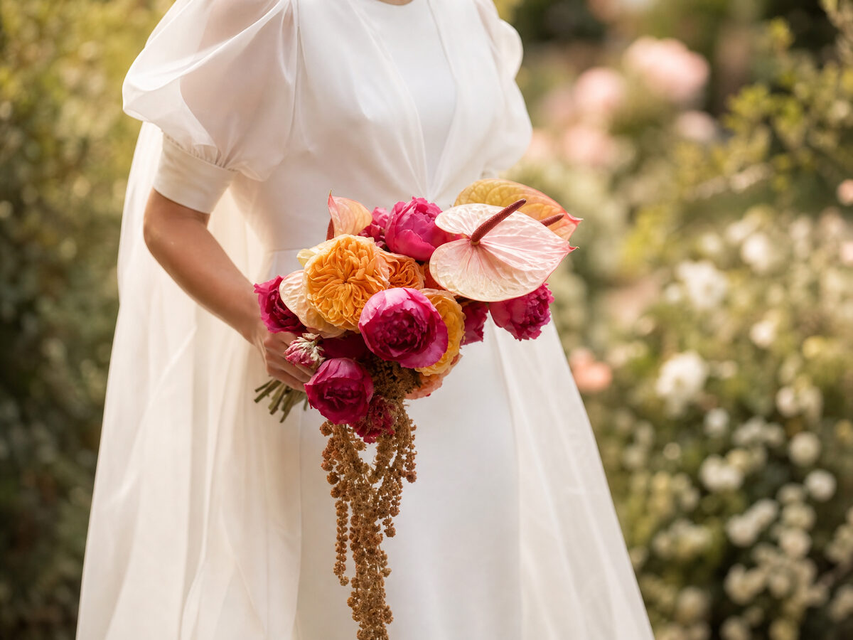 Ramo de novia con peonías fucsias, rosas naranjas y anthurium rosa