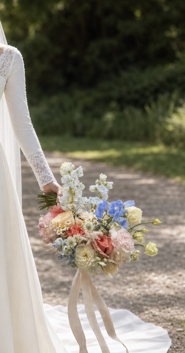 Novia con ramo de flores silvestres en tonos pastel